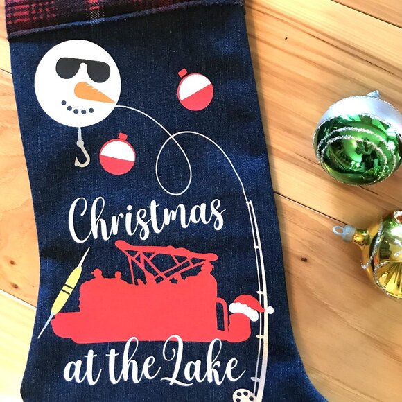 Recycled Denim Christmas Stocking: Lake Cabin Decor, Pontoon Fishing Boat - Picture 8 of 9